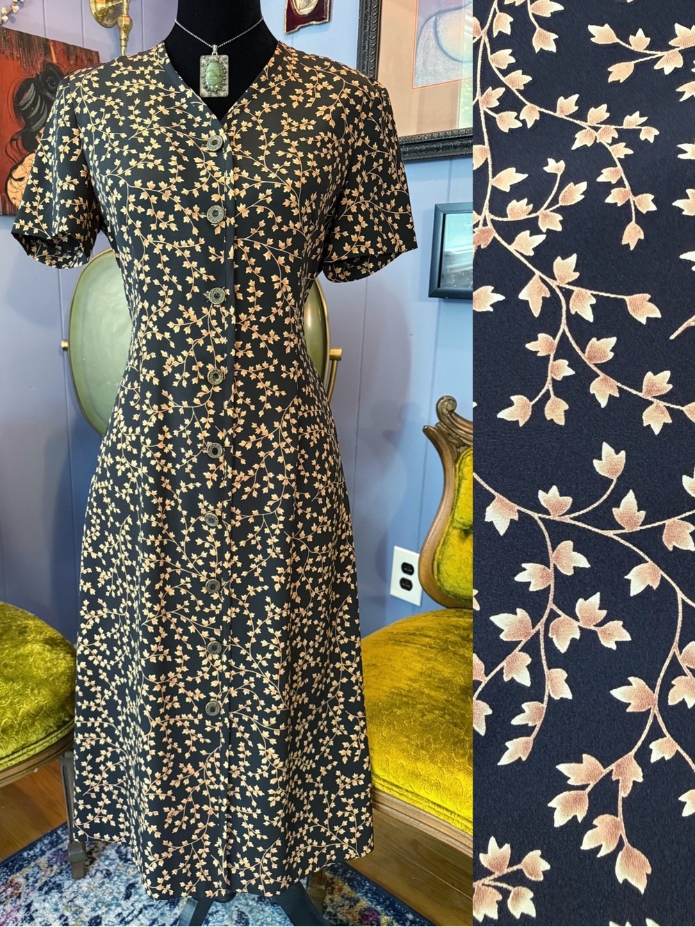 Vintage 90s Leslie Fay Fall Foliage Dark academia Grunge Witchy Midi Dress